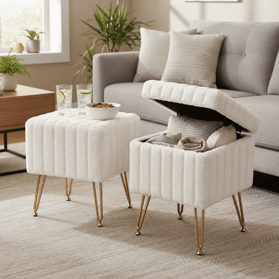 LIFERECORD Small Ottoman with Storage Set of 2, Vanity Stool with Storage for Bedroom, Velvet Foot Stool for Living Room, White