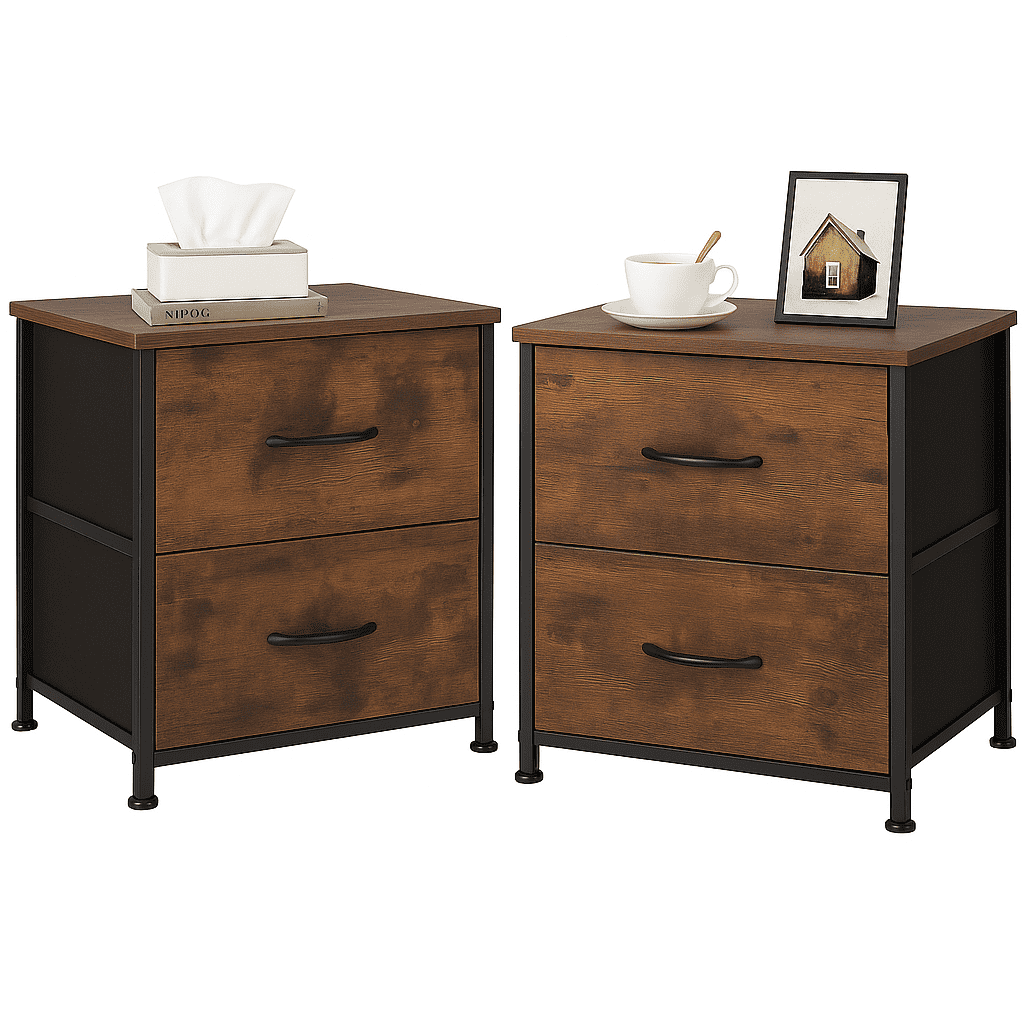 LIFERECORD Set of 2 Nightstands with Storage Drawers | 20" Tall Bedside Table with Wood Top & Fabric Cabinet for Bedroom, Dorm, Living Room, Rust Brown