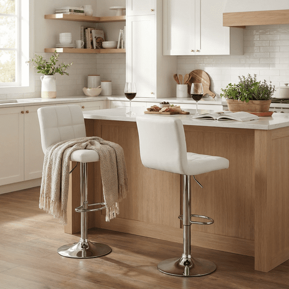 LIFERECORD Set of 2 Modern Swivel Bar Stools with Back - Height Adjustable, PU Leather Counter Stools for Kitchen Island & Bar, White