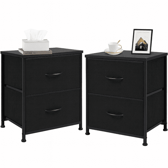 LIFERECORD Set of 2 Nightstands with Storage Drawers | 20" Tall Bedside Table with Wood Top & Fabric Cabinet for Bedroom, Dorm, Living Room, Black