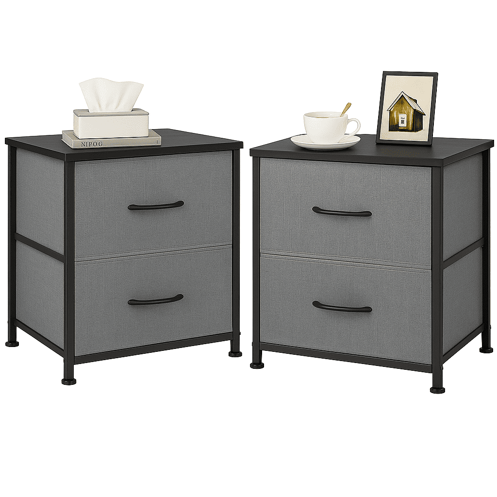 LIFERECORD Set of 2 Nightstands with Storage Drawers | 20" Tall Bedside Table with Wood Top & Fabric Cabinet for Bedroom, Dorm, Living Room, Gray