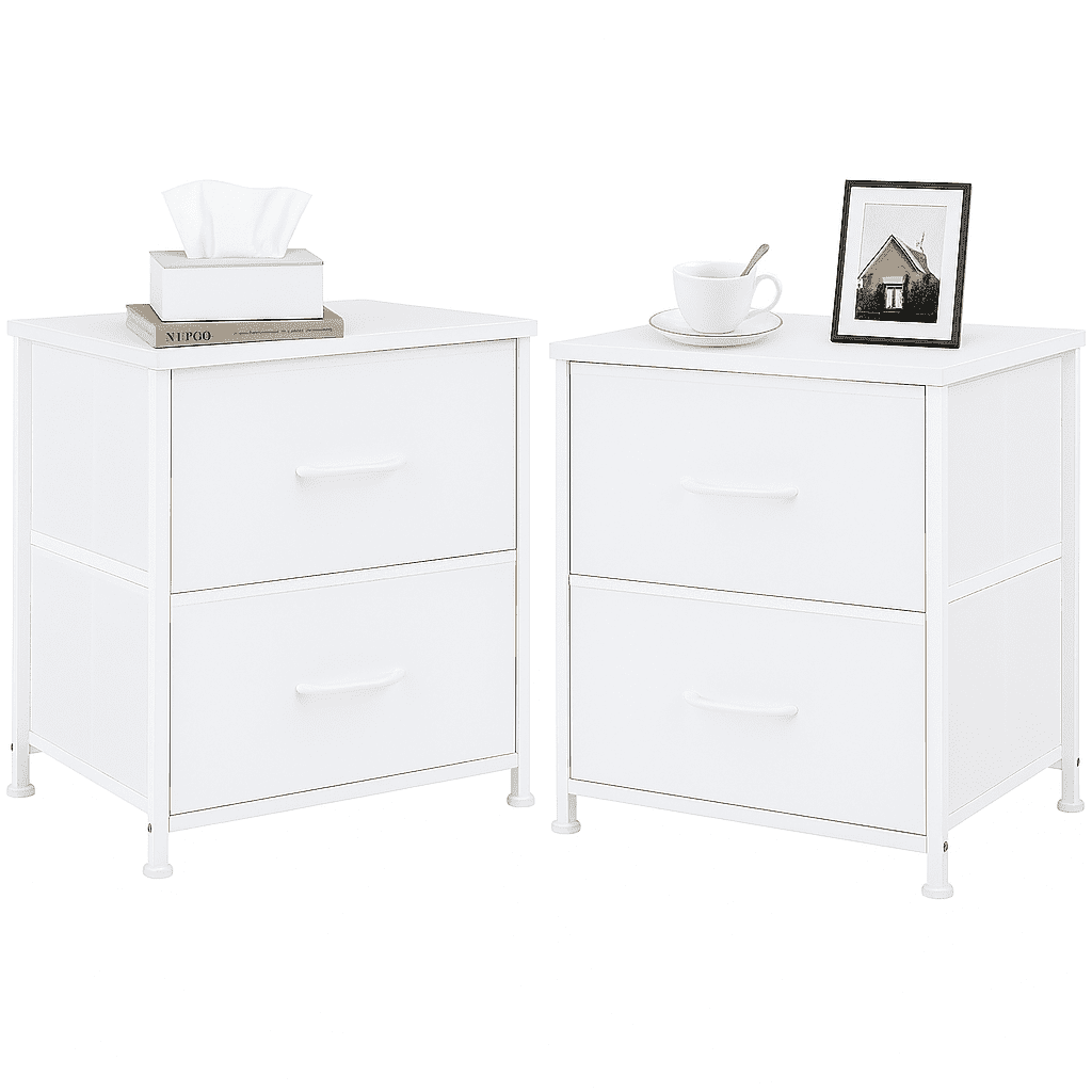 LIFERECORD Set of 2 Nightstands with Storage Drawers | 20" Tall Bedside Table with Wood Top & Fabric Cabinet for Bedroom, Dorm, Living Room, White