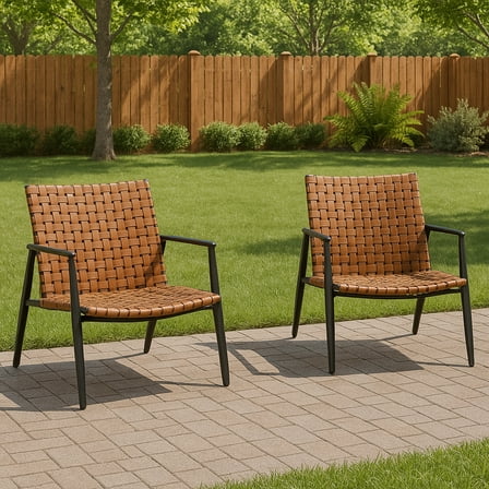 LIFERECORD Set of 2 Wicker Outdoor Chairs, Brown Leather-Look Patio Dining Chair Set, Deep-Seated Bistro Chairs for Garden, Deck, Backyard, Balcony