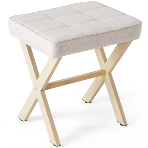 LIFERECORD Square Linen Makeup Stool with X-Leg Base - Modern Padded Vanity Stool & Foot Rest for Bedroom and Bathroom, Beige