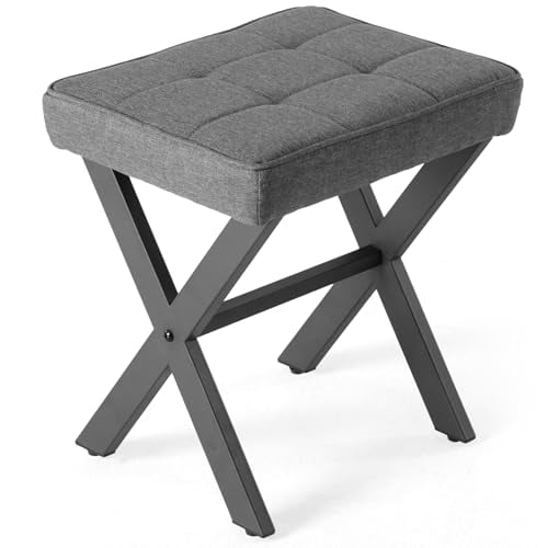 LIFERECORD Square Linen Makeup Stool with X-Leg Base - Modern Padded Vanity Stool & Foot Rest for Bedroom and Bathroom, Gray