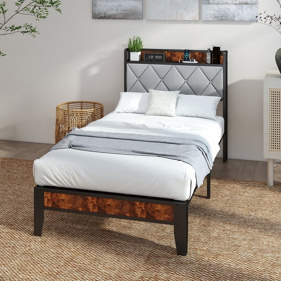 LIFERECORD Twin Bed Frame with Storage Headboard & USB Charging | Squeak-Free Platform, No-Tool Assembly, No Box Spring Needed