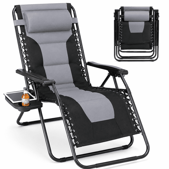 LIFERECORD Zero Gravity Chair, Patio Folding Recliner with Headrest Portable Reclining Chairs with Cup Holder Trays for Outdoor, Black & Grey