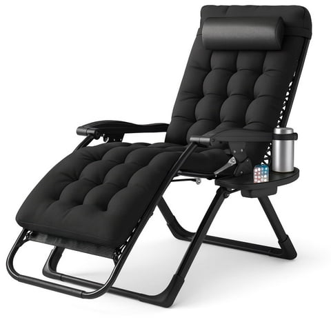 LIFERECORD Zero Gravity Chair, Patio Folding Recliner with Removable Cushion Portable Reclining Chairs with Cup Holder Trays for Outdoor, Black