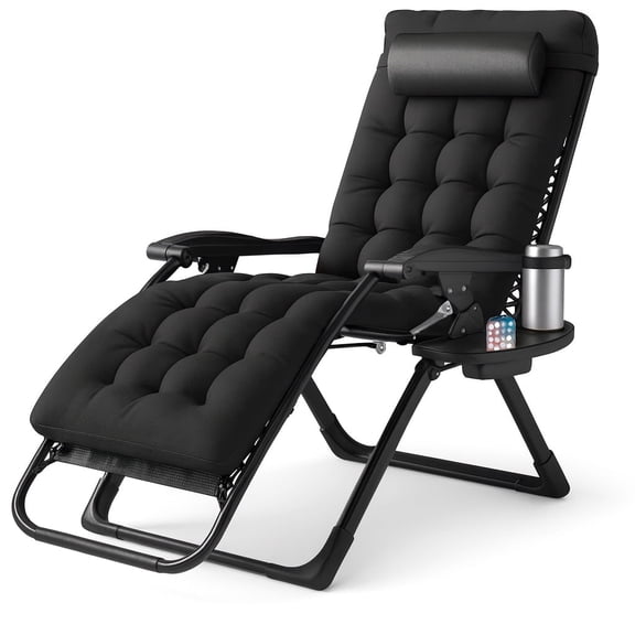 LIFERECORD Zero Gravity Chair, Patio Folding Recliner with Removable Cushion Portable Reclining Chairs with Cup Holder Trays for Outdoor, Black