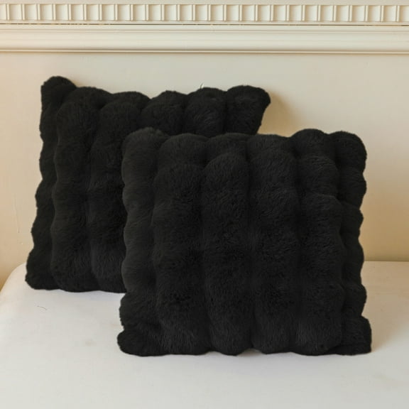 LIFEREVO 2 Pack Fluffy Faux Rabbit Fur Throw Pillow Covers, Luxury Plush Shaggy 18x18 Bubble Waffle Cushion Covers Zipper Closure, Decorative Furry Fuzzy Pillow Shams for Bedroom Living Room, Black