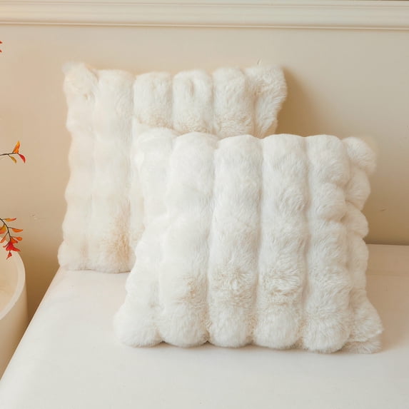 LIFEREVO 2 Pack Fluffy Faux Rabbit Fur Throw Pillow Covers, Luxury Plush Shaggy 18x18 Bubble Waffle Cushion Covers Zipper, Decorative Furry Fuzzy Ivory Pillow Shams Bedroom Living Room, Beige