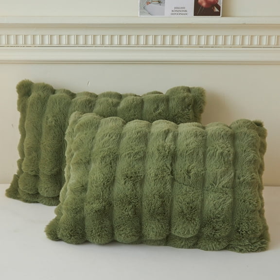LIFEREVO 2 Pieces Fluffy Faux Rabbit Fur Pillow Cases, Luxury Soft Plush Shaggy Bubble Pillowcases Standard Size with Zipper, Furry Fuzzy Long Pillow Shams Adult Girls Kids Teens 20x26, Sage Green