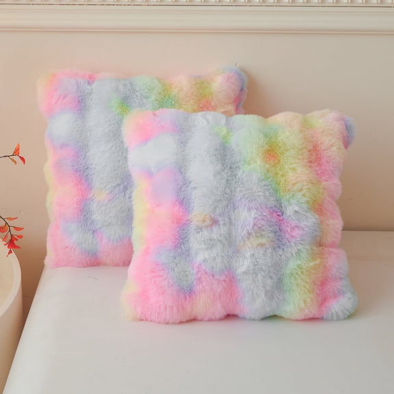 LIFEREVO 2 Pieces Fluffy Faux Rabbit Fur Throw Pillow Covers, Luxury Plush Shaggy 18x18 Bubble Cushion Covers with Zipper, Tie Dye Decorative Furry Fuzzy Pillow Shams Bed Couch Sofa Chair, Rainbow