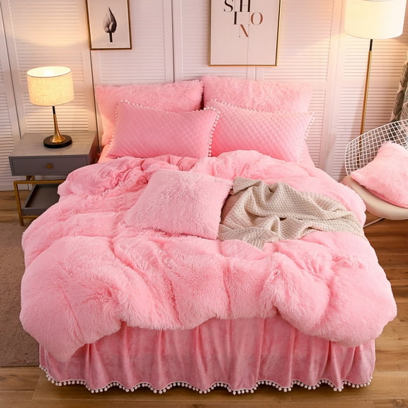LIFEREVO 2 Pieces Luxury Plush Shaggy Faux Fur Duvet Cover Set(1 Fluffy Fuzzy Comforter Cover + 1 Pompoms Fringe Quilted Pillow Shams), Zipper Closure, Twin Size, Pink