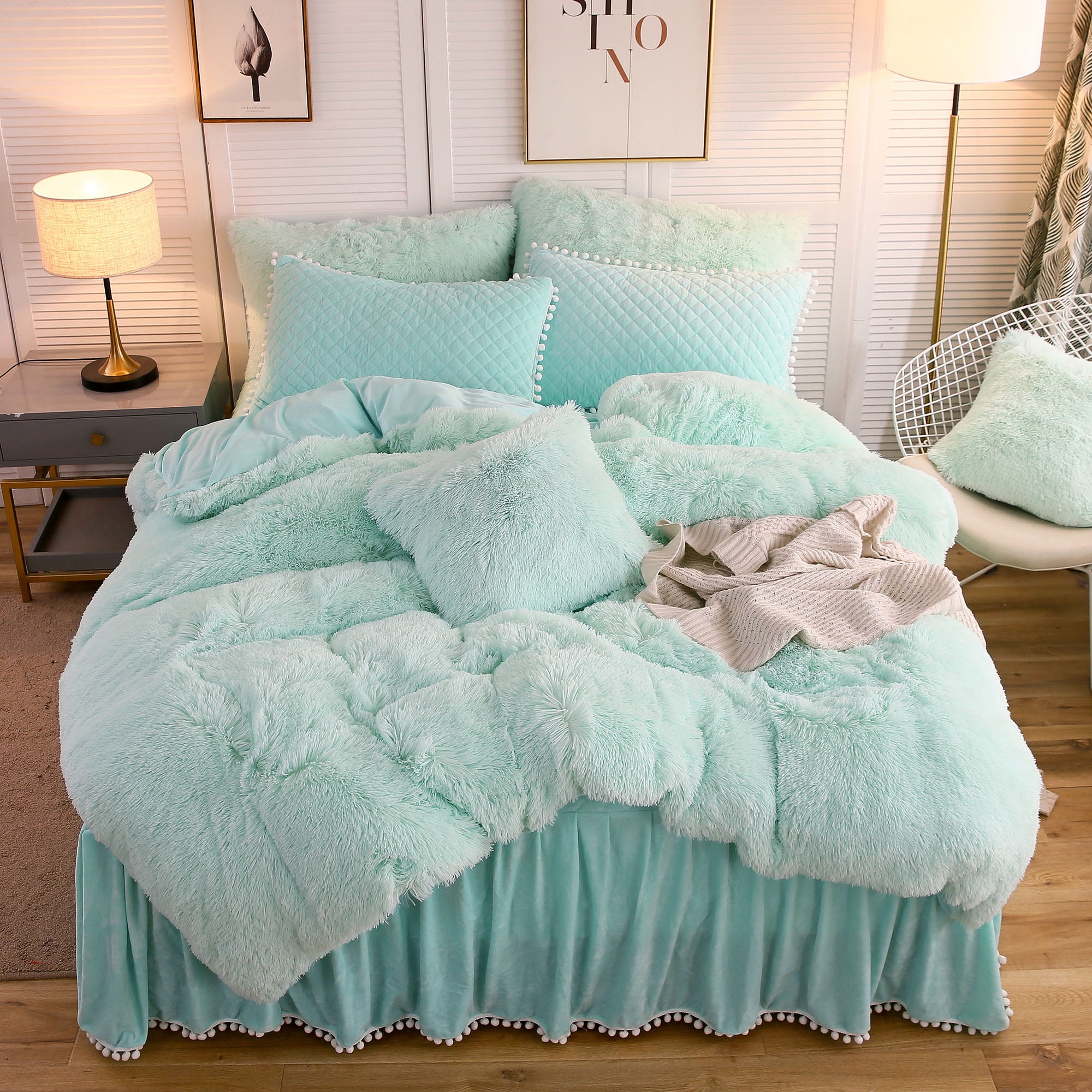 LIFEREVO 2 Pieces Luxury Plush Shaggy Faux Fur Duvet Cover Set(1 Fluffy Fuzzy Comforter Cover + 1 Pompoms Fringe Quilted Pillow Shams), Zipper Closure, Twin Size, Aqua