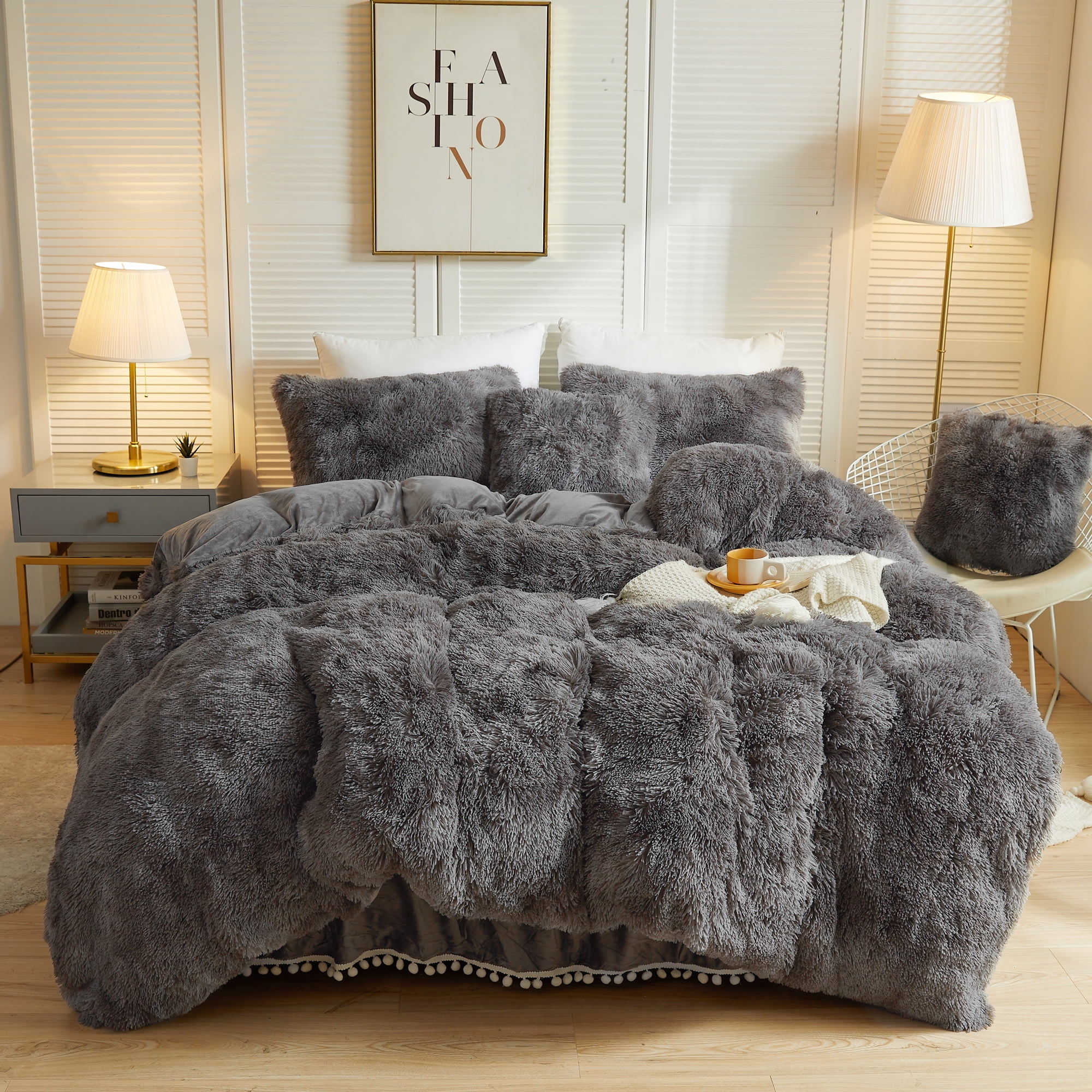 LIFEREVO 2 Pieces Luxury Shaggy Faux Fur Duvet Cover Set Soft Fluffy