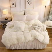 LIFEREVO 3 Pieces Luxury Plush Shaggy Faux Fur Duvet Cover Set(1 Fluffy Fuzzy Comforter Cover + 2 Pompoms Fringe Quilted Pillow Covers) Furry Bedding Set, Zipper Closure, Queen Size, Beige