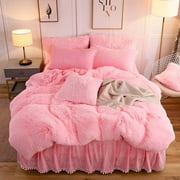 LIFEREVO 3 Pieces Luxury Plush Shaggy Faux Fur Duvet Cover Set(1 Fluffy Fuzzy Comforter Cover + 2 Pompoms Fringe Quilted Pillow Shams) Furry Bed Set, Zipper Closure, Queen Size, Pink