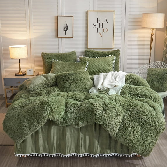 LIFEREVO 3 Pieces Luxury Plush Shaggy Faux Fur Duvet Cover Set(1 Fluffy Fuzzy Comforter Cover + 2 Pompoms Fringe Quilted Pillow Shams), Zipper Closure, Queen Size, Sage Green