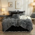 thumbnail image 1 of LIFEREVO 3 Pieces Luxury Plush Shaggy Faux Fur Duvet Cover Set Furry Bed Set(1 Fluffy Fuzzy Comforter Cover + 2 Pompoms Fringe Quilted Pillow Shams), Zipper Closure, Queen Size, Ombre Black, 1 of 7
