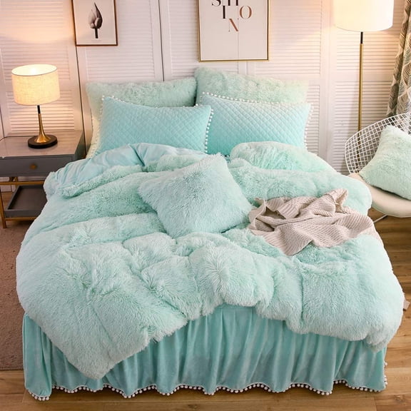 LIFEREVO 3 Pieces Luxury Plush Shaggy Faux Fur Duvet Cover Set Furry Bedding Set(1 Fluffy Fuzzy Comforter Cover + 2 Pompoms Fringe Quilted Pillow Covers), Zipper Closure, Queen Size, Aqua