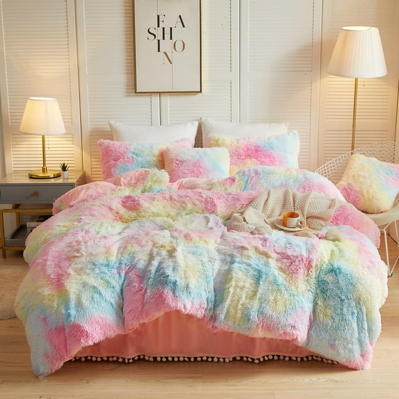 LIFEREVO 3 Pieces Luxury Shaggy Faux Fur Duvet Cover Set Soft Fluffy Fuzzy Comforter Cover Set Marble Print Furry Bedding,1 Long Plush Duvet Cover+2 Pillow Covers,Zipper Closure,Rainbow Colorful,King