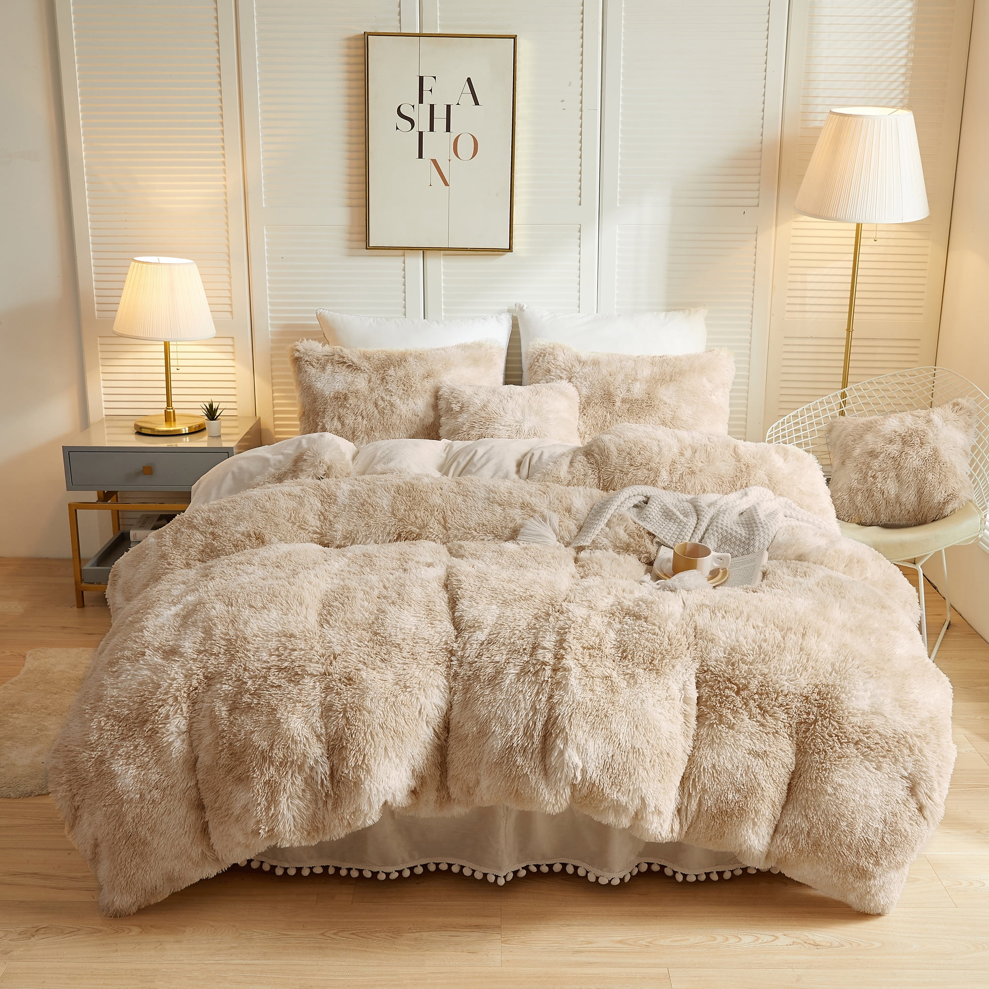 LIFEREVO 3 Pieces Luxury Shaggy Faux Fur Duvet Cover Set Soft Fluffy Fuzzy Comforter Marble