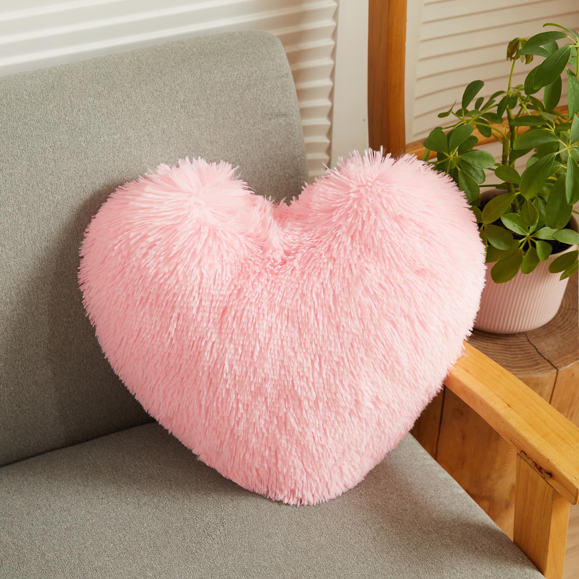 LIFEREVO Cute Kids Puffy Heart Shaped Faux Fur Throw Pillow, 15