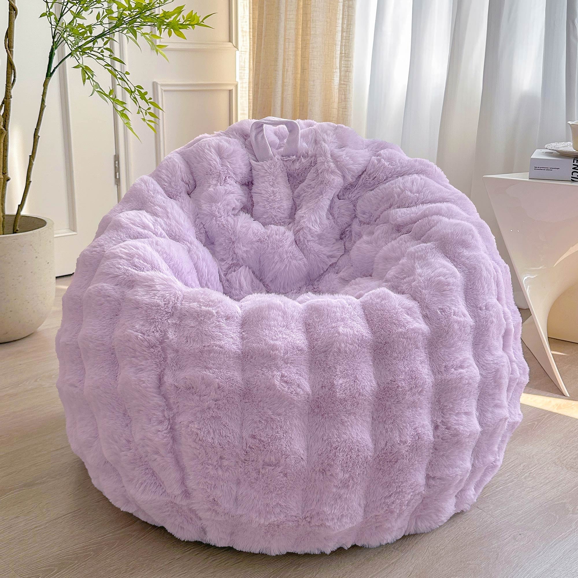 LIFEREVO Fluffy Faux Rabbit Fur Bean Bag Cover (No Filler), Big Fuzzy Stuffed Animal Storage Bubble Waffle Bean Bag Chair for Plush Toys, Comfy Shaggy Furry Beanbag Cover Kids Girls Adults, Lavender