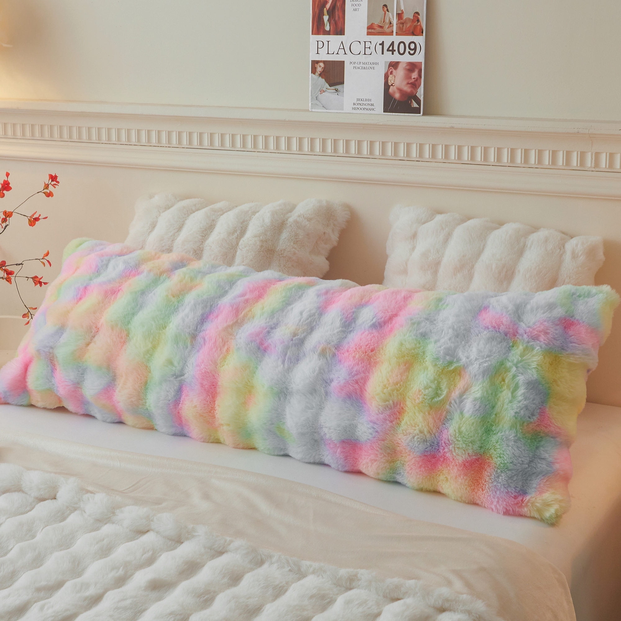 LIFEREVO Fluffy Faux Rabbit Fur Body Pillow Cover, Cozy Tie Dye