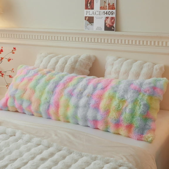 LIFEREVO Fluffy Faux Rabbit Fur Body Pillow Cover, Cozy Tie Dye Bubble Shaggy Plush Bed Body Pillowcase with Zipper Closure, Long 20"x54" Fuzzy Furry Pillow Case for Bedroom Home Decoration, Rainbow