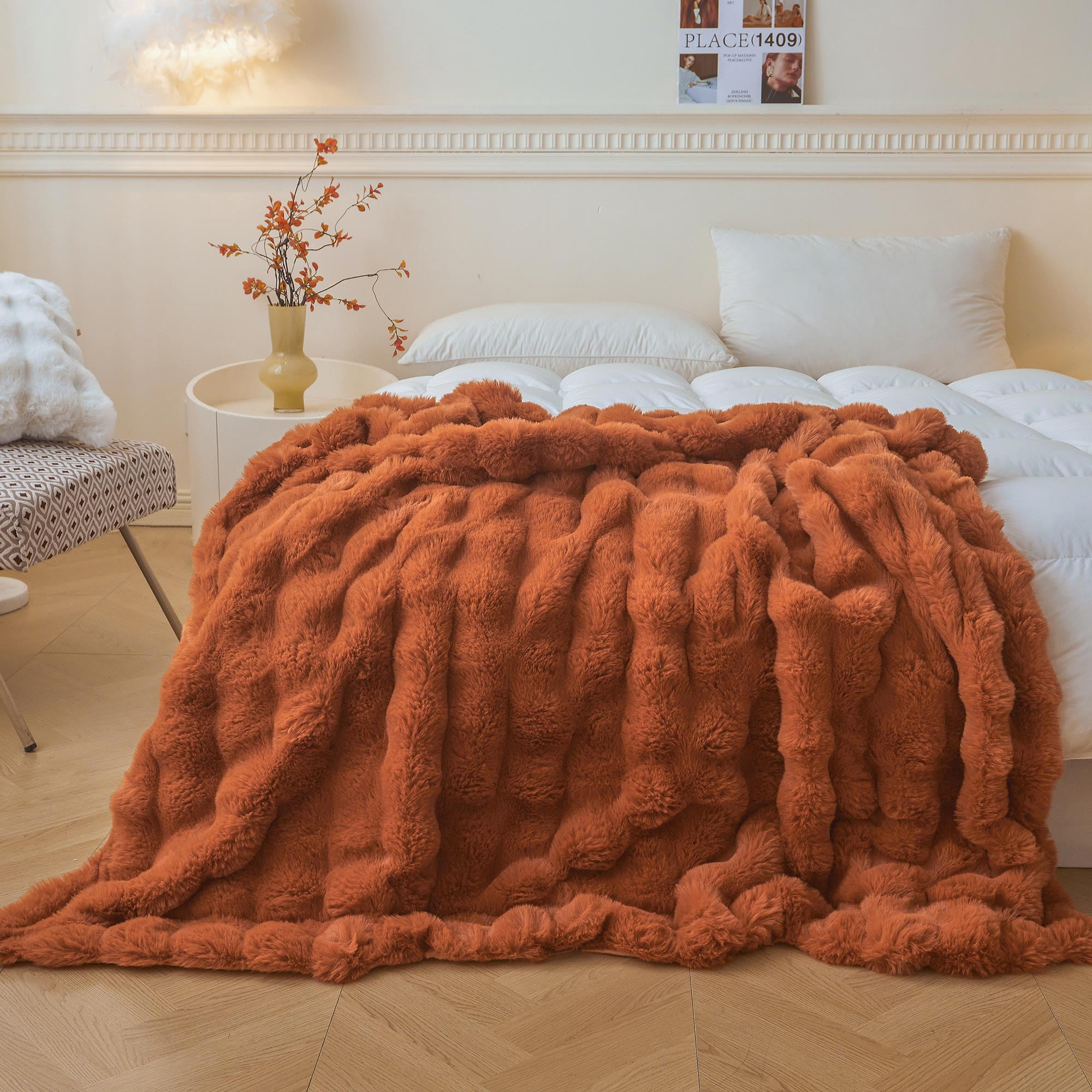 LIFEREVO Fluffy Faux Rabbit Fur Bubble Throw, Plush Shaggy Blanket for Couch Sofa Chair, Soft Cute Furry Bed Blanket Adults Kids Teens Girls, Fuzzy Throw for Bedroom Living Room, 50x60, Burnt Orange