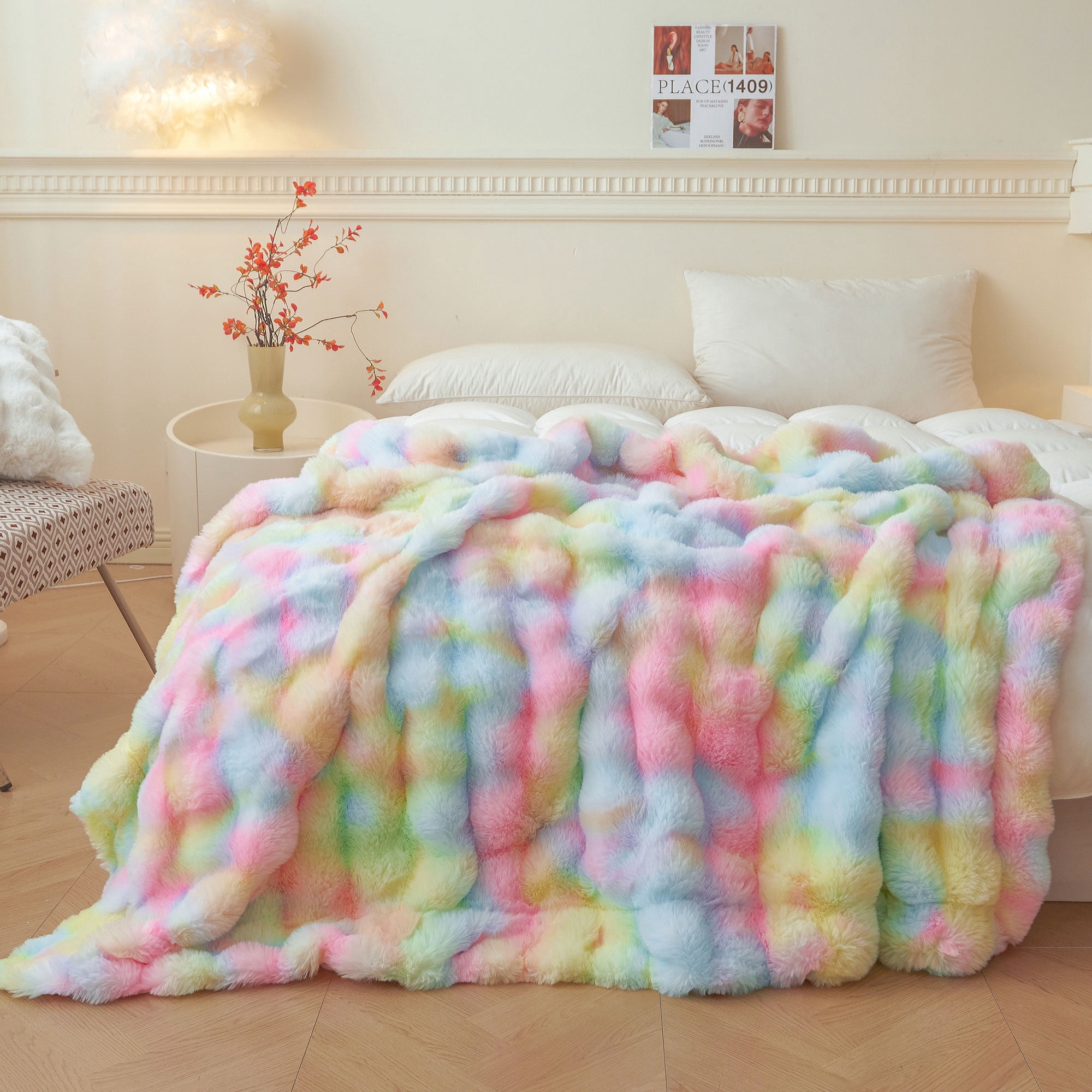 LIFEREVO Fluffy Faux Rabbit Fur Bubble Throw, Rainbow Plush Shaggy Blanket for Couch Sofa Chair, Soft Tie Dye Furry Blanket Adults Kids Girls, Fuzzy Throw for Bedroom Living Room, 50x60, Rainbow