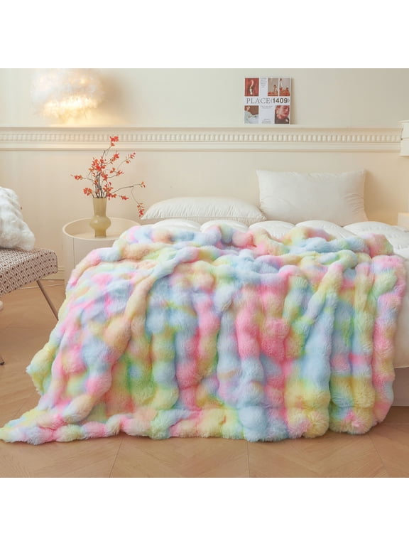Fluffy Faux Rabbit Fur Bubble Throw, Rainbow Plush Shaggy Blanket for Couch Sofa Chair, Soft Tie Dye Furry Blanket Adults Kids Girls, Fuzzy Throw for Bedroom Living Room, 50x60, Rainbow