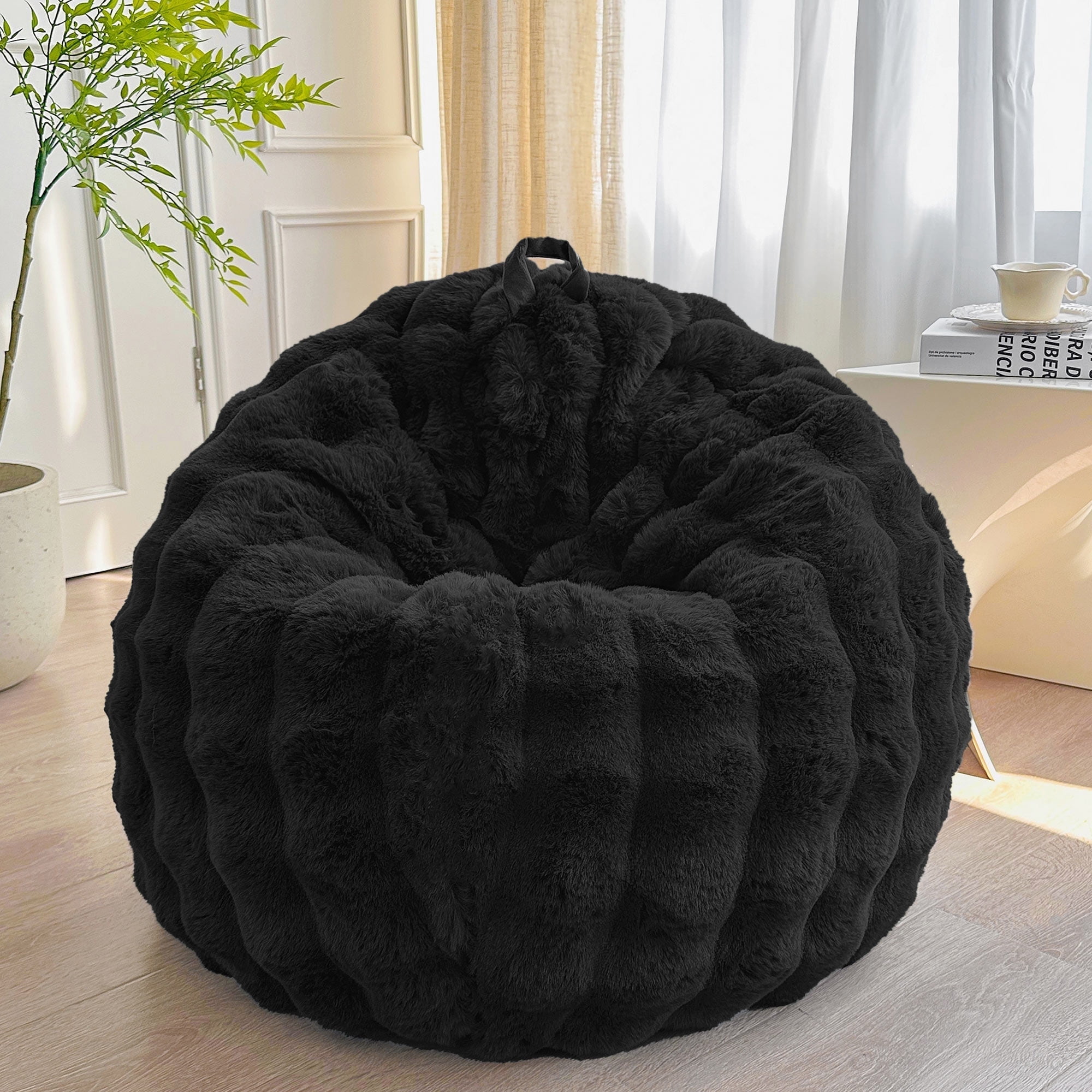 LIFEREVO Kids Fluffy Faux Rabbit Fur Bean Bag Chair Cover (No Filler), Soft Luxury Fuzzy Stuffed Animal Storage Bubble Bean Bag Home Decoration, Comfy Shaggy Furry Beanbag Cover Kids Teens, Black