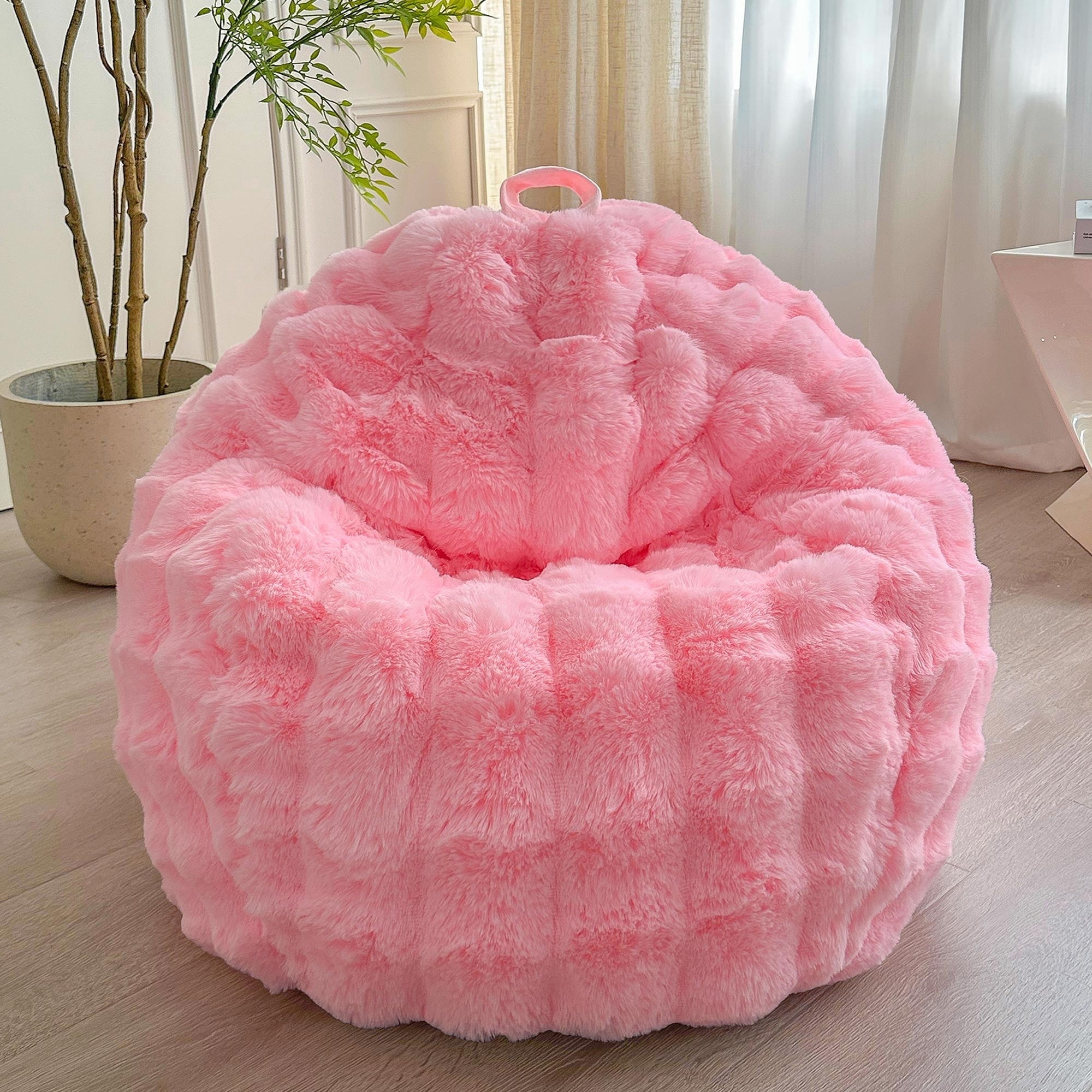 LIFEREVO Kids Fluffy Faux Rabbit Fur Bean Bag Chair Cover (No Filler), Soft Luxury Fuzzy Stuffed Animal Storage Bubble Bean Bag for Plush Toys, Cute Shaggy Furry Beanbag Cover Girls Adults, Pink