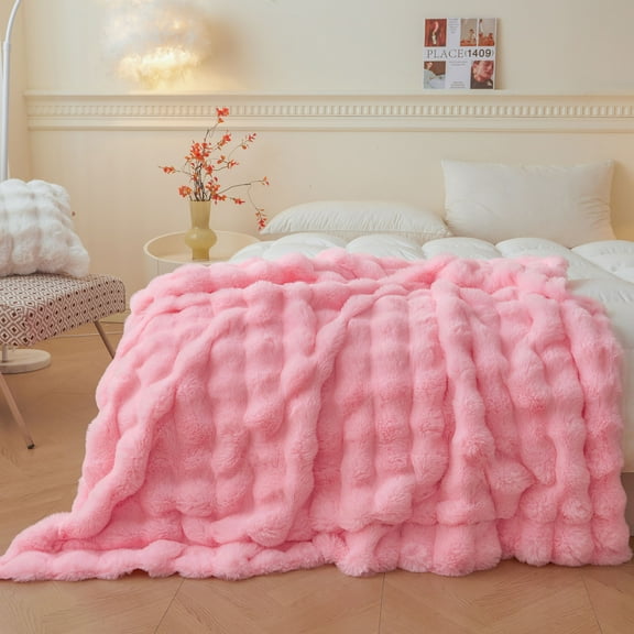LIFEREVO Luxury Fluffy Faux Rabbit Fur Throw, Plush Fuzzy Bubble Waffle Blanket for Couch Sofa, Soft Cute Furry Blanket Home Decoration, Shaggy Lap Throw for Bedroom Living Room Office, 50x60, Pink