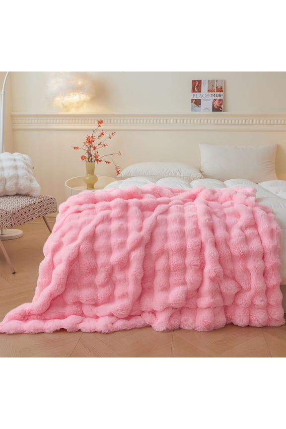 Luxury Fluffy Faux Rabbit Fur Throw, Plush Fuzzy Bubble Waffle Blanket for Couch Sofa, Soft Cute Furry Blanket Home Decoration, Shaggy Lap Throw for Bedroom Living Room Office, 50x60, Pink