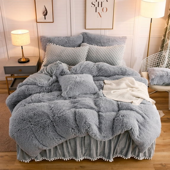 LIFEREVO Luxury Plush Shaggy Duvet Cover Set, Soft Velvet Fluffy Furry Duvet Cover Set(1 Faux Fur Fuzzy Comforter Cover + 1 Pom Poms Pillow Sham) Solid Bedding Set, Zipper Closure(Twin/Twin XL, Gray)