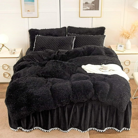 LIFEREVO Luxury Plush Shaggy Duvet Cover Set, Ultra Soft Fluffy Furry Duvet Cover Set(1 Faux Fur Fuzzy Comforter Cover + 2 Pom Poms Velvet Pillow Cases) Solid Bedding Set, Zipper Closure(King, Black)