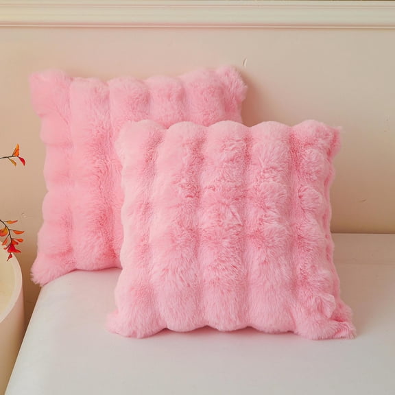 LIFEREVO Pack of 2 Fluffy Faux Rabbit Fur Throw Pillow Covers, Cute Plush Shaggy 18x18 Bubble Waffle Cushion Covers Zipper, Home Decorative Furry Fuzzy Pillow Shams for Kids Girls Adults, Pink