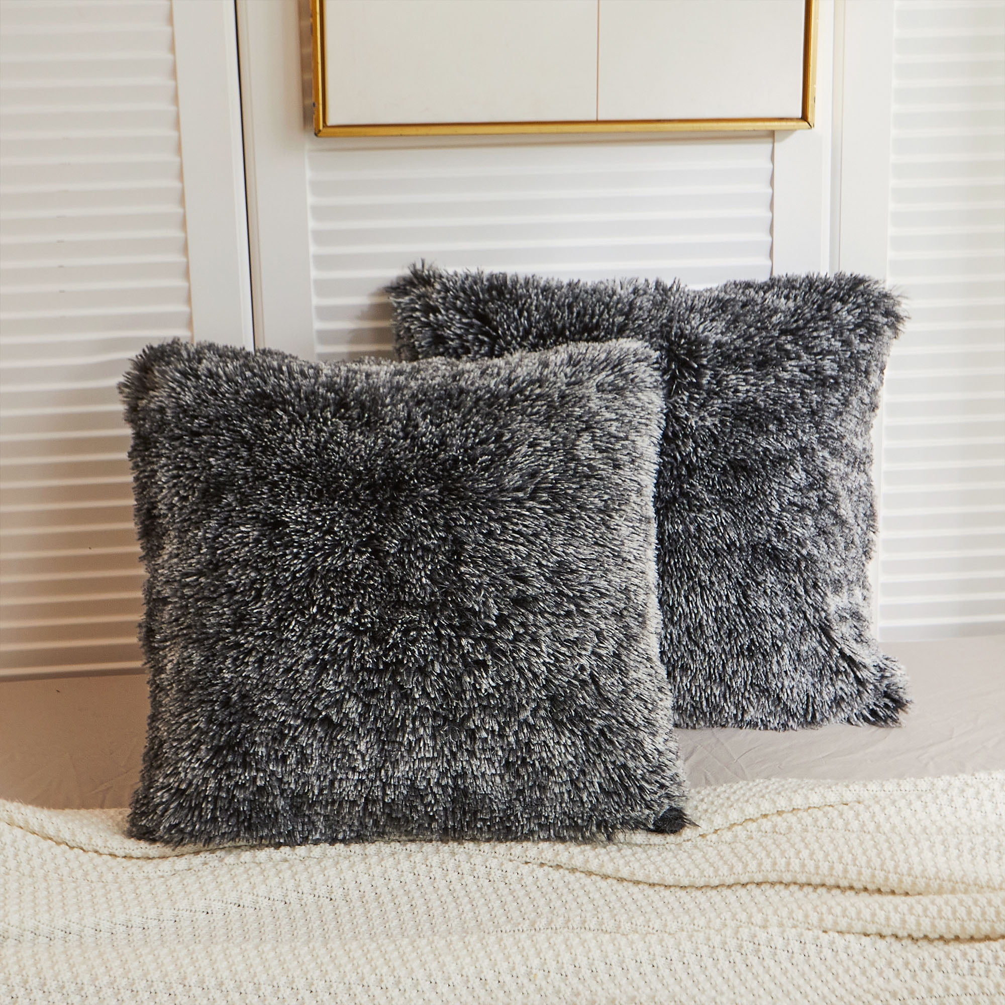 Trinity 2 Pieces Shaggy Fluffy Faux Fur Decorative Throw Pillow Cover, Taupe, 18 x 18 Inches
