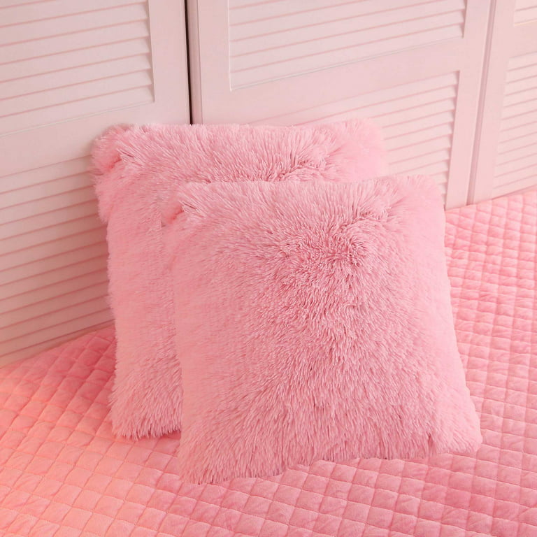 LIFEREVO Pink Cozy Faux Fur Throw Pillow Cover 18x 18 ,Shaggy Plush  Decorative Pillowcases for Sofa Couch Home Decor,Pack of 2