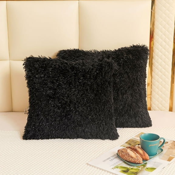 LIFEREVO Shaggy Faux Fur Throw Pillow Covers,Fuzzy Decorative Zippered Pillow Case,Square Throw Pillowcases for Sofa Couch,18" x 18",2 Pack,Black
