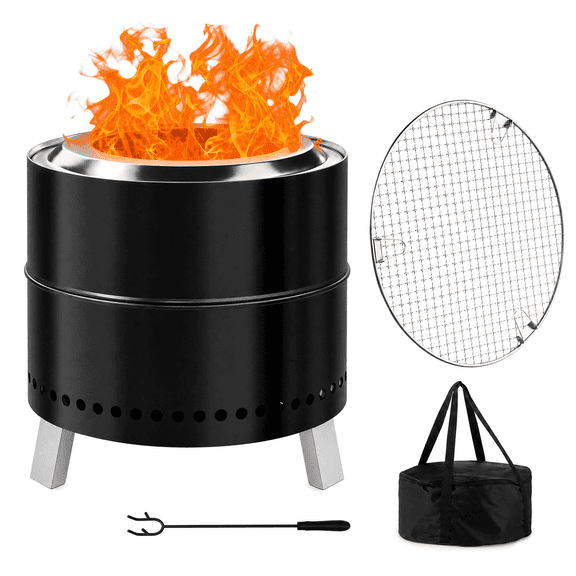 LIFERUN 19.3" Stainless Steel Smokeless Fire Pit with 304 Grill Grate,Foldable Legs, Outdoor Portable Wood Burning Fire Pit,Removable Ash Pan, Carry Bag, Fire Poker,for Camping,Backyard,Patio,Bonfire