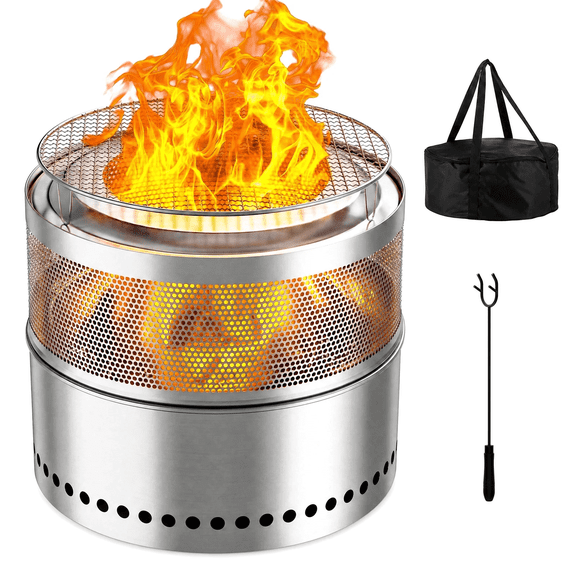 LIFERUN 19.7" Stainless Steel Smokeless Fire Pit with 304 Grill Grate, Outdoor Portable Wood Burning Fire Pit,Removable Ash Pan,Carry Bag,Fire Poker,for Camping, Backyard,Patio,Bonfire
