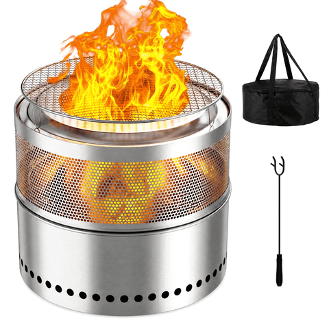 LIFERUN 19.7" Stainless Steel Smokeless Fire Pit with 304 Grill Grate,Portable Wood Burning Fire Pit for outside,Removable Ash Pan,Carry Bag,Fire Poker,for Camping, Backyard,Patio,Bonfire