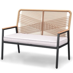 LIFERUN 2-Seat Patio Bench, Wide Outdoor Rattan Love Seat Bench with 3.15in Thick Cushion, WPC Armrest, 500 lbs Capacity, for Garden, Balcony, Porch, Beige
