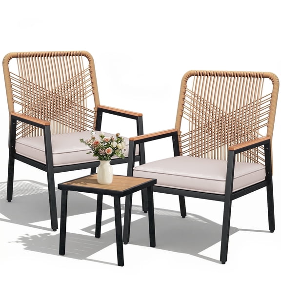 LIFERUN 3-Piece Patio Furniture Set, Outdoor Rattan Chairs with Table, Garden Set with 3.15in Thick Cushions, WPC Armrest, for Balcony, Backyard, Terrace, Beige