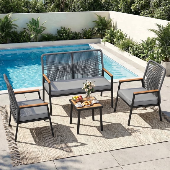 LIFERUN 4-Piece Rattan Patio Furniture Set, Outdoor Rattan Chairs with Table, Garden Set with 3.15in Thick Cushions, WPC Armrest, for Balcony, Backyard, Terrace, Grey